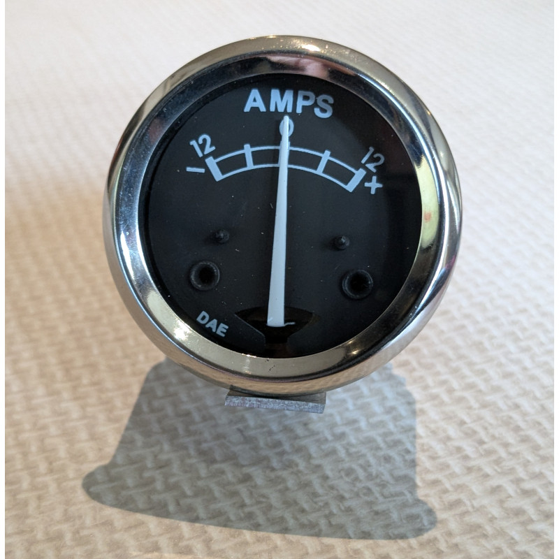 Ampèremètre Replique Lucas 1 3/4 Pouces / 45mm, Fond Noir, 12-0-12 Ampères